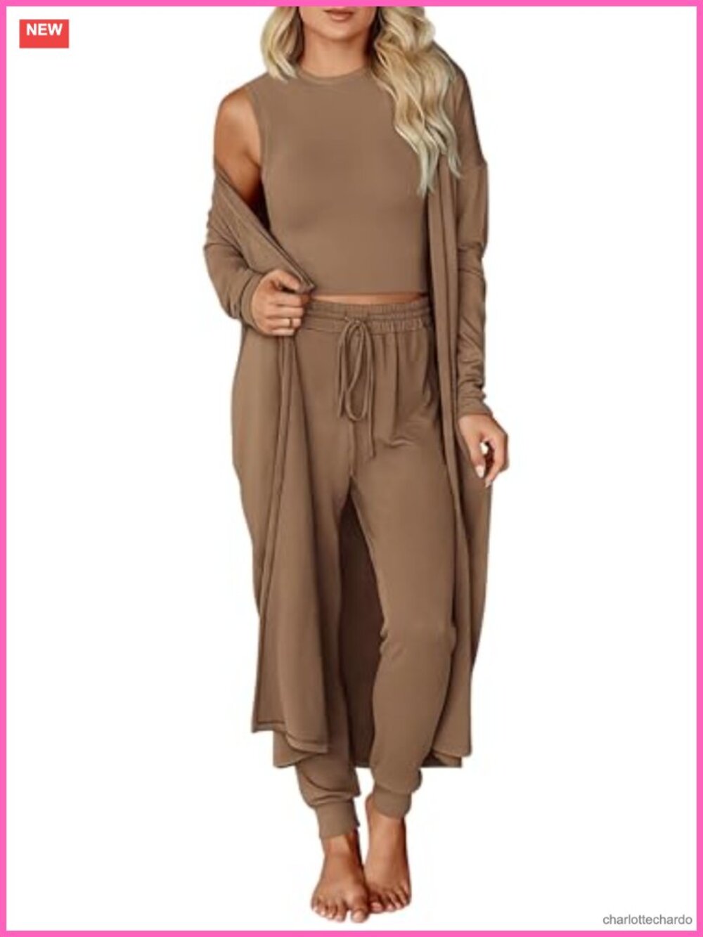3 Piece Lounge Set for Women - Knit Cardigan Crop Tank Jogger Pants with Pockets